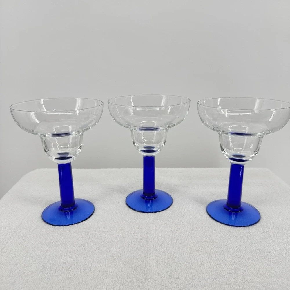3 Mexican‎ Hand-Blown Cobalt Blue Stem Base Margarita Glasses Fiesta Party Ware